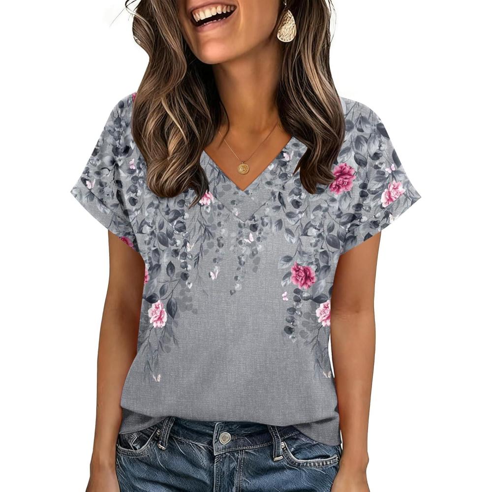 imageZeagoo Womens Summer Tops Rolled Short Sleeve V Neck Shirts Casual Dressy Business Work Blouses OutfitsGrey Flowerhf36