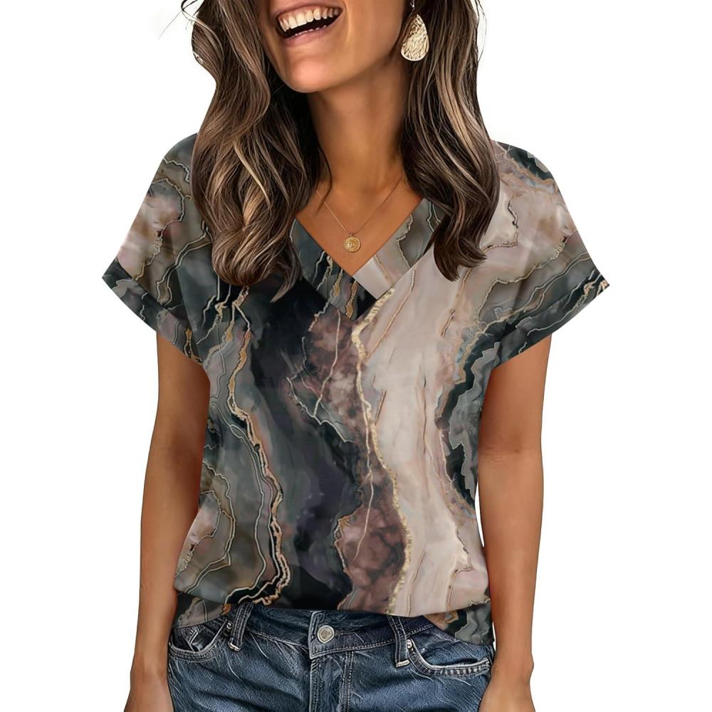 imageZeagoo Womens Summer Tops Rolled Short Sleeve V Neck Shirts Casual Dressy Business Work Blouses OutfitsMulticolorcx278