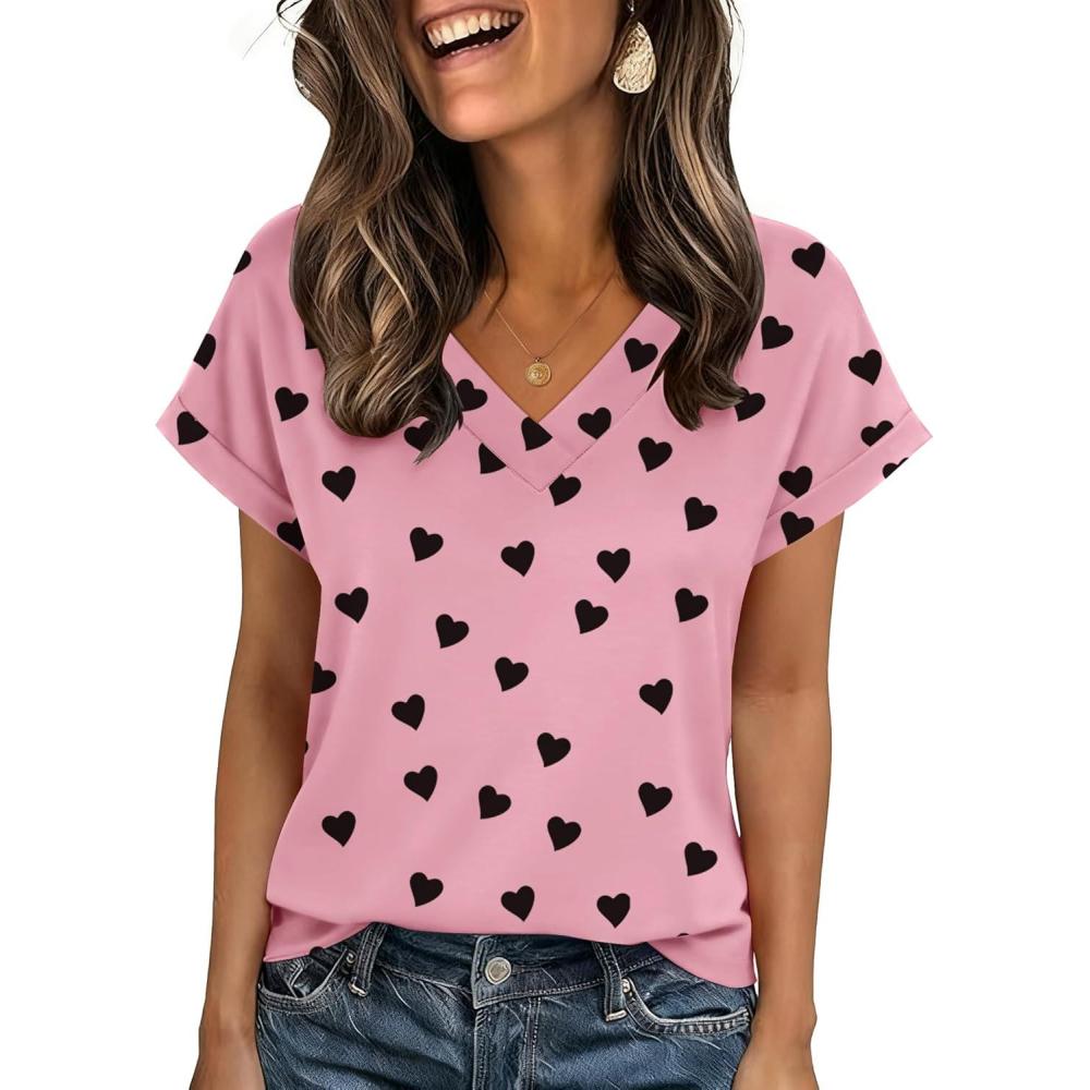 imageZeagoo Womens Summer Tops Rolled Short Sleeve V Neck Shirts Casual Dressy Business Work Blouses OutfitsPink Heartkt100