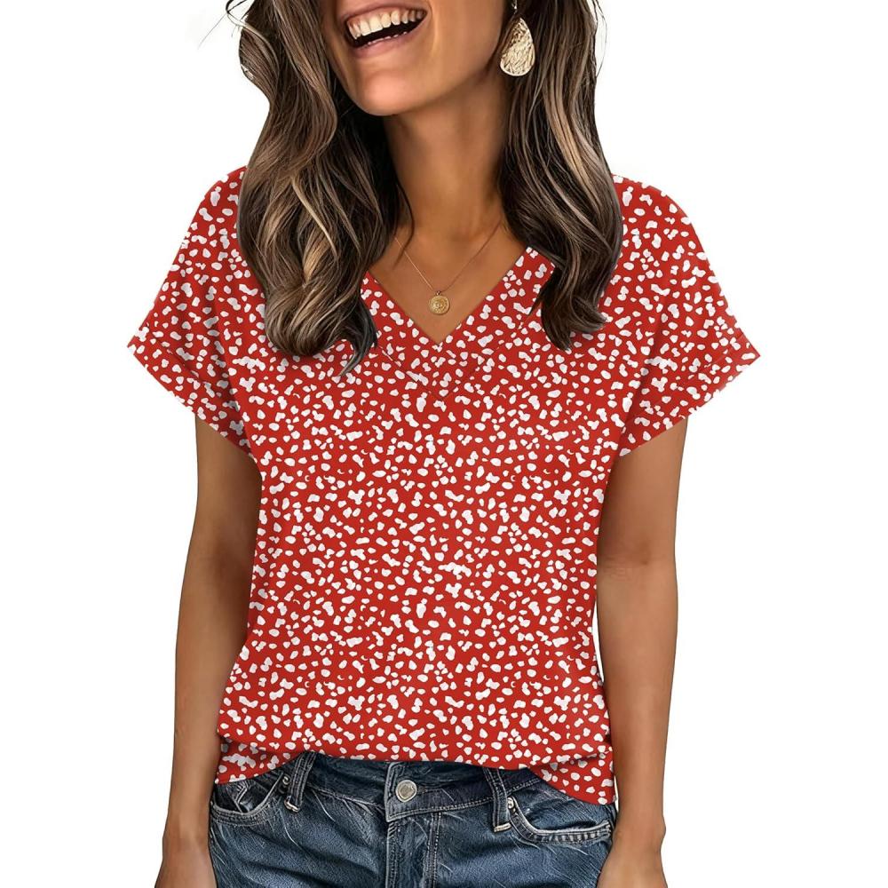 imageZeagoo Womens Summer Tops Rolled Short Sleeve V Neck Shirts Casual Dressy Business Work Blouses OutfitsRedjh590