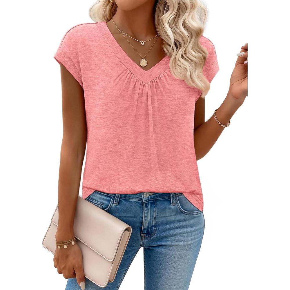 imageZeagoo Womens Tops Short Sleeve V Neck Shirts Summer Dressy Casual Business Clothes Work Blouses Fashion Clothing OutfitsA01 Coral