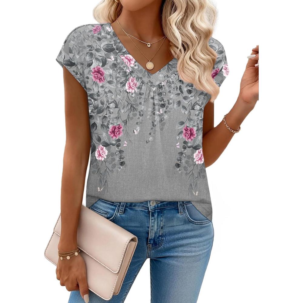 imageZeagoo Womens Tops Short Sleeve V Neck Shirts Summer Dressy Casual Business Clothes Work Blouses Fashion Clothing OutfitsHf36 Grey Floral