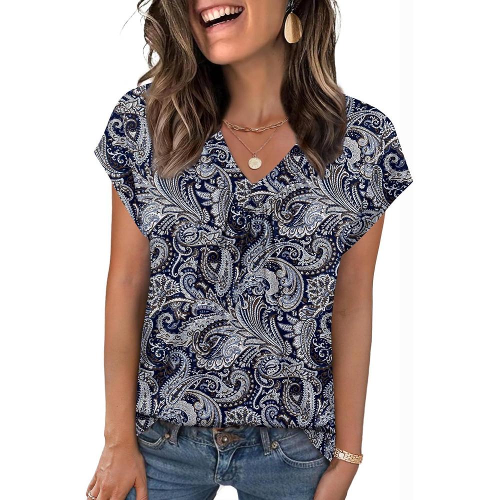 imageZeagoo Womens Tops Short Sleeve V Neck Shirts Summer Dressy Casual Business Clothes Work Blouses Fashion Clothing OutfitsMz473 Vintage Printed