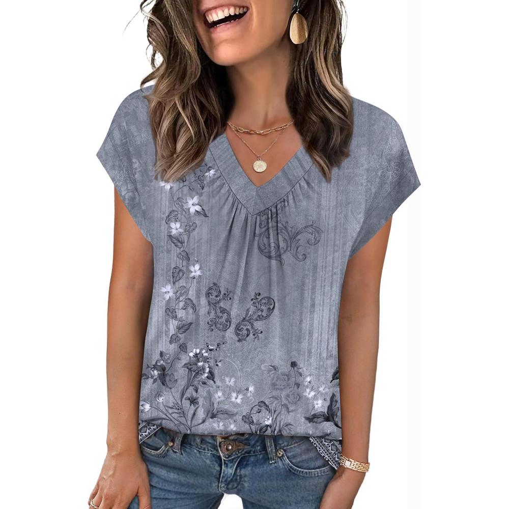 imageZeagoo Womens Tops Short Sleeve V Neck Shirts Summer Dressy Casual Business Clothes Work Blouses Fashion Clothing OutfitsMz913 Grey Boho