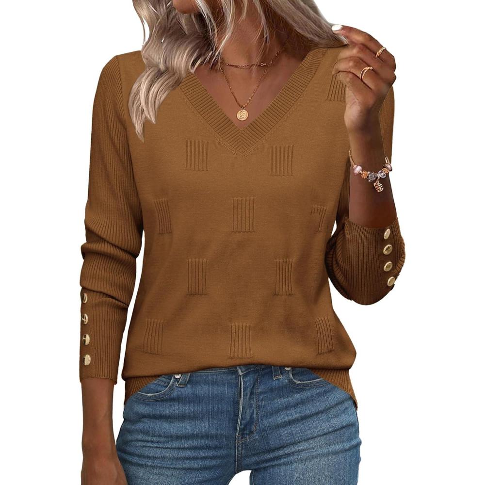 imageZeagoo Womens V Neck Sweaters Shirts Long Sleeve Lightweight Ribbed Knit Pullover Sweater Blouse Tops with Buttons OufitsBrownie