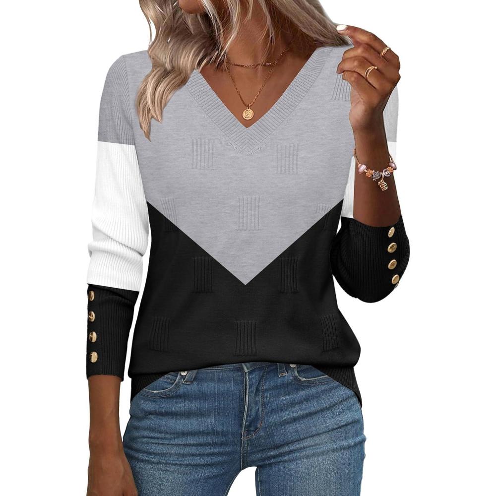 imageZeagoo Womens V Neck Sweaters Shirts Long Sleeve Lightweight Ribbed Knit Pullover Sweater Blouse Tops with Buttons OufitsCgrey Black