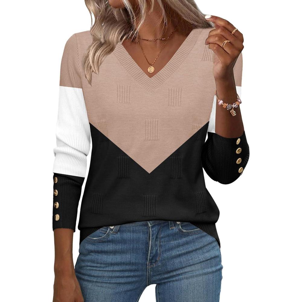 imageZeagoo Womens V Neck Sweaters Shirts Long Sleeve Lightweight Ribbed Knit Pullover Sweater Blouse Tops with Buttons OufitsCkhaki Black
