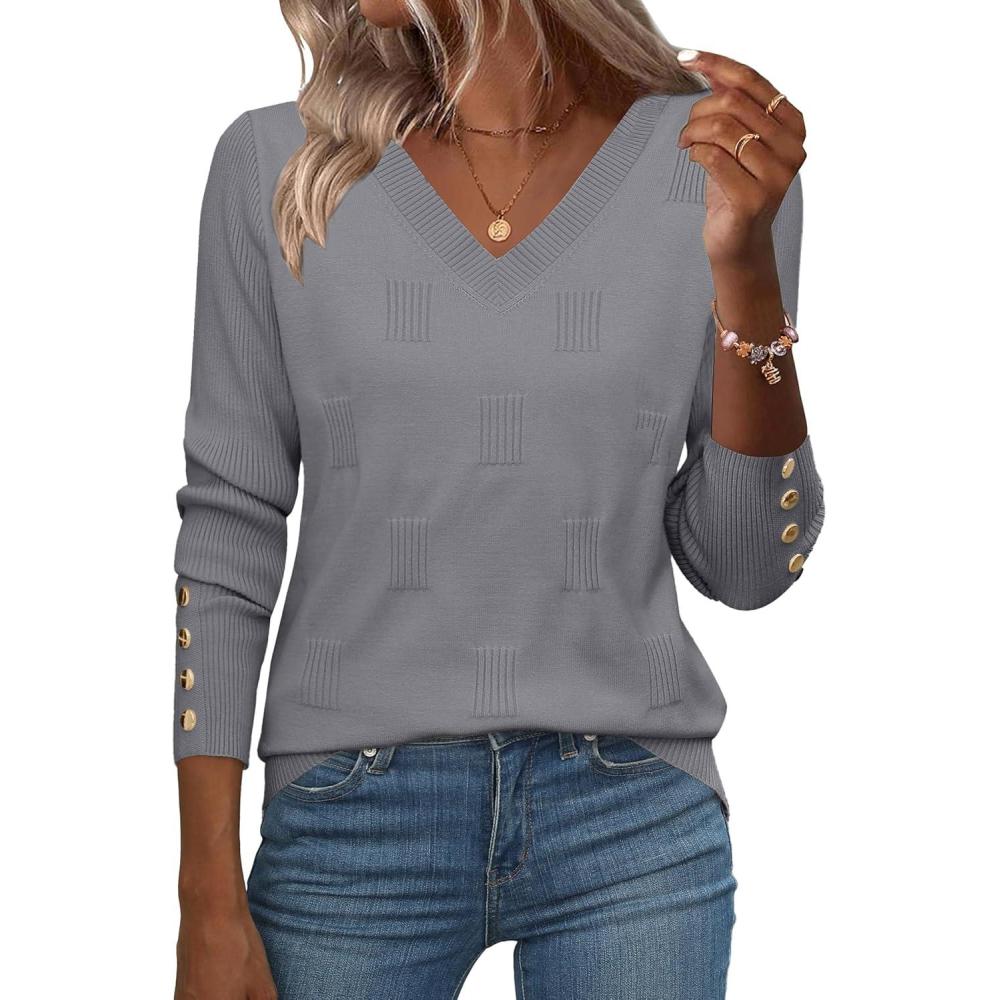 imageZeagoo Womens V Neck Sweaters Shirts Long Sleeve Lightweight Ribbed Knit Pullover Sweater Blouse Tops with Buttons OufitsGray