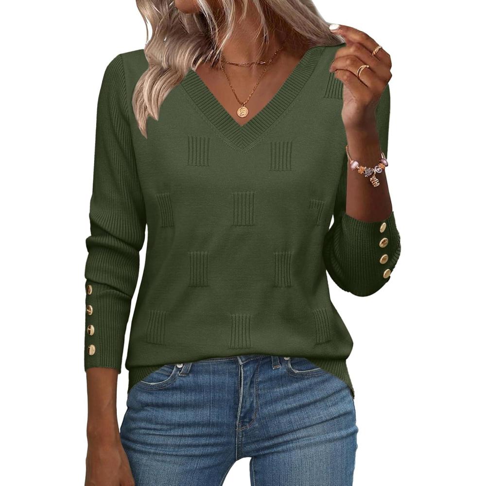 imageZeagoo Womens V Neck Sweaters Shirts Long Sleeve Lightweight Ribbed Knit Pullover Sweater Blouse Tops with Buttons OufitsGreen