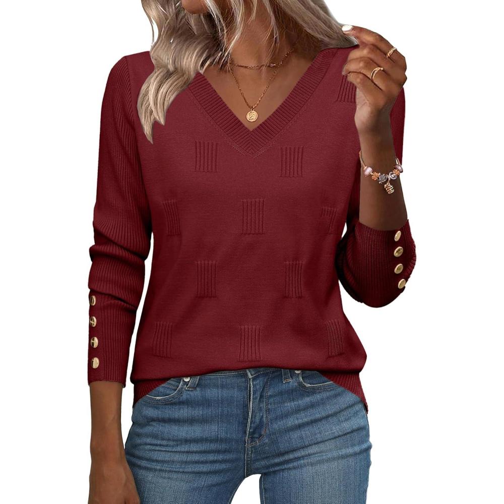 imageZeagoo Womens V Neck Sweaters Shirts Long Sleeve Lightweight Ribbed Knit Pullover Sweater Blouse Tops with Buttons OufitsRed