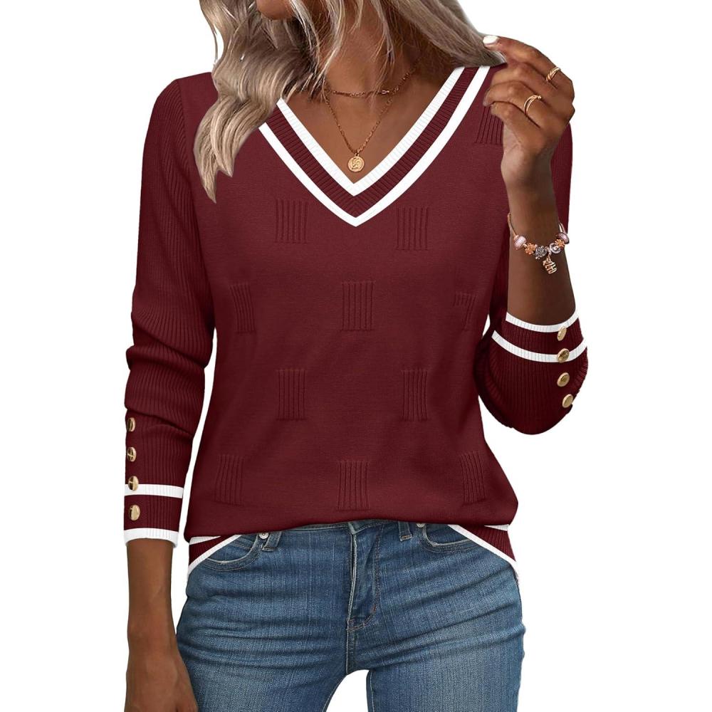 imageZeagoo Womens V Neck Sweaters Shirts Long Sleeve Lightweight Ribbed Knit Pullover Sweater Blouse Tops with Buttons OufitsRedwhite
