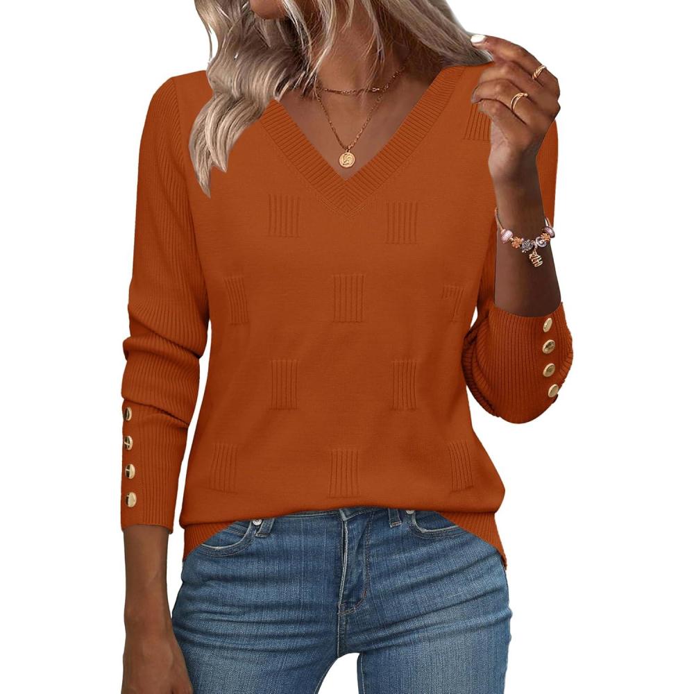 imageZeagoo Womens V Neck Sweaters Shirts Long Sleeve Lightweight Ribbed Knit Pullover Sweater Blouse Tops with Buttons OufitsRust