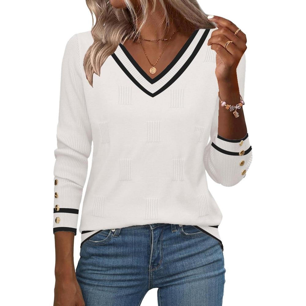 imageZeagoo Womens V Neck Sweaters Shirts Long Sleeve Lightweight Ribbed Knit Pullover Sweater Blouse Tops with Buttons OufitsWhiteblack