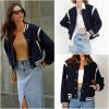 Zeagoo Bomber Jacket Women Varsity Casual Button Down Lightweight 2026 Spring Fashion Short School Outfits with Pockets(Navy Blue)