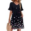 Zeagoo Summer Casual Dresses for Women A Line Sun Dress Ruffle Short Sleeve V Neck Floral Tshirt Dress with Pockets(Black Floral-printed)