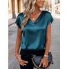 Zeagoo Women Silk Satin Tops Cap Short Sleeve Blouse V Neck Shirts Business Casual Outfits S-2XL(Blue Green)
