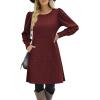 Zeagoo Women’s Knit Dress with Puff Sleeves for Fall & Winter – Round Neck Casual Tunic Dress(Burgundy)