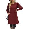 Zeagoo Women’s Knit Dress with Puff Sleeves for Fall & Winter – Round Neck Casual Tunic Dress(Deep Red)