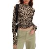 Zeagoo Womens Long Sleeve Shirts Mock Neck Basic Slim Fitted Tops Lightweight Stretch Base Layer T-Shirt(Leopard)