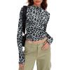 Zeagoo Womens Long Sleeve Shirts Mock Neck Basic Slim Fitted Tops Lightweight Stretch Base Layer T-Shirt(Leopard Grey)