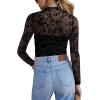Zeagoo Womens Mesh Sheer Long Sleeve Top Mock Turtle Neck See Though Shirts Ruched Sexy Casual Going Out Blouses(Black Floral)
