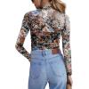 Zeagoo Womens Mesh Sheer Long Sleeve Top Mock Turtle Neck See Though Shirts Ruched Sexy Casual Going Out Blouses(Floral Print)
