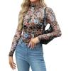 Zeagoo Womens Mesh Sheer Long Sleeve Top Mock Turtle Neck See Though Shirts Ruched Sexy Casual Going Out Blouses(Floral Print)