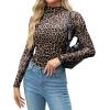 Zeagoo Womens Mesh Sheer Long Sleeve Top Mock Turtle Neck See Though Shirts Ruched Sexy Casual Going Out Blouses(Leopard)