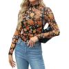 Zeagoo Womens Mesh Sheer Long Sleeve Top Mock Turtle Neck See Though Shirts Ruched Sexy Casual Going Out Blouses(Orange Floral)