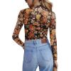 Zeagoo Womens Mesh Sheer Long Sleeve Top Mock Turtle Neck See Though Shirts Ruched Sexy Casual Going Out Blouses(Orange Floral)