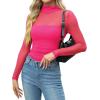Zeagoo Womens Mesh Sheer Long Sleeve Top Mock Turtle Neck See Though Shirts Ruched Sexy Casual Going Out Blouses(Rose Red)