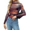 Zeagoo Womens Mesh Sheer Long Sleeve Top Mock Turtle Neck See Though Shirts Ruched Sexy Casual Going Out Blouses(Tie Dye Print)