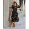 Zeagoo Womens Summer Dress Casual Midi Dresses 2026 Short Puff Sleeve Flare Dress Pleated Flowy Sundress with Pockets(Black Floral 01)