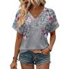 Zeagoo Womens Summer Tops Rolled Short Sleeve V Neck Shirts Casual Dressy Business Work Blouses Outfits(Grey Flower-hf36)