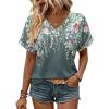 Zeagoo Womens Summer Tops Rolled Short Sleeve V Neck Shirts Casual Dressy Business Work Blouses Outfits(Grey Flower-wf71)