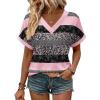 Zeagoo Womens Summer Tops Rolled Short Sleeve V Neck Shirts Casual Dressy Business Work Blouses Outfits(Pink Stripe-tz245)