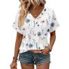 Zeagoo Womens Summer Tops Rolled Short Sleeve V Neck Shirts Casual Dressy Business Work Blouses Outfits(White Flowers-bf290)