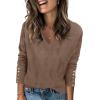 Zeagoo Womens V Neck Sweaters Shirts Long Sleeve Lightweight Ribbed Knit Pullover Sweater Blouse Tops with Buttons Oufits(Brown)