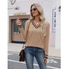 Zeagoo Womens V Neck Sweaters Shirts Long Sleeve Lightweight Ribbed Knit Pullover Sweater Blouse Tops with Buttons Oufits(Khaki-black)