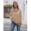 Zeagoo Womens V Neck Sweaters Shirts Long Sleeve Lightweight Ribbed Knit Pullover Sweater Blouse Tops with Buttons Oufits(Khaki-black)