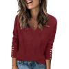 Zeagoo Womens V Neck Sweaters Shirts Long Sleeve Lightweight Ribbed Knit Pullover Sweater Blouse Tops with Buttons Oufits(Red)