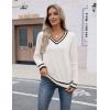 Zeagoo Womens V Neck Sweaters Shirts Long Sleeve Lightweight Ribbed Knit Pullover Sweater Blouse Tops with Buttons Oufits(White-black)