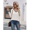 Zeagoo Womens V Neck Sweaters Shirts Long Sleeve Lightweight Ribbed Knit Pullover Sweater Blouse Tops with Buttons Oufits(White-black)