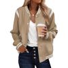 Zeagoo Bomber Jacket Women Varsity Casual Button Down Lightweight 2026 Spring Fashion Short School Outfits with Pockets(Khaki Striped)