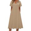 Zeagoo Summer Dresses for Women 2026 Button Down Shirt Dresses Aline Long Sundress Short Sleeve Beach Travel Cover Up(Khaki)