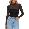 Zeagoo Womens Mesh Sheer Long Sleeve Top Mock Turtle Neck See Though Shirts Ruched Sexy Casual Going Out Blouses(Black)