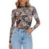 Zeagoo Womens Mesh Sheer Long Sleeve Top Mock Turtle Neck See Though Shirts Ruched Sexy Casual Going Out Blouses(Floral Print)