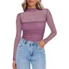 Zeagoo Womens Mesh Sheer Long Sleeve Top Mock Turtle Neck See Though Shirts Ruched Sexy Casual Going Out Blouses(Fuchsia)