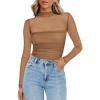 Zeagoo Womens Mesh Sheer Long Sleeve Top Mock Turtle Neck See Though Shirts Ruched Sexy Casual Going Out Blouses(Light Tan)