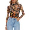 Zeagoo Womens Mesh Sheer Long Sleeve Top Mock Turtle Neck See Though Shirts Ruched Sexy Casual Going Out Blouses(Orange Floral)